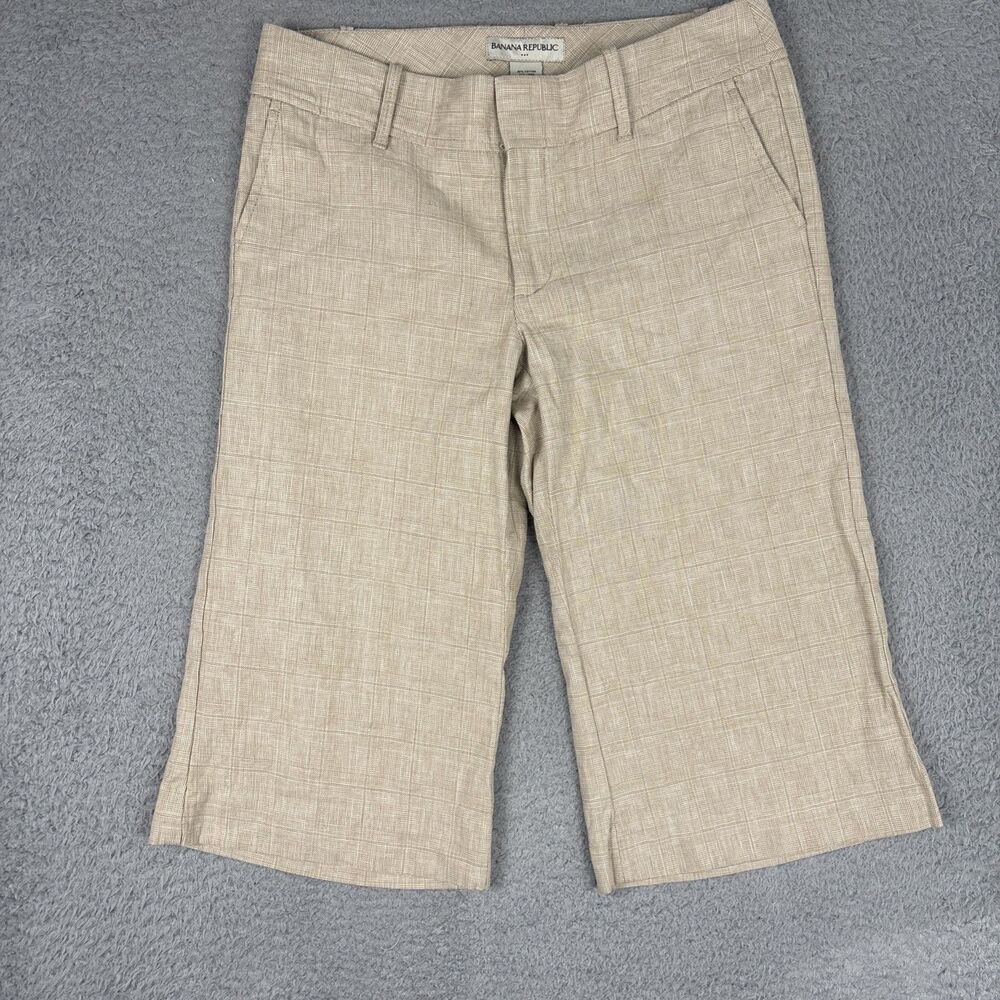 Banana Republic Linen Cotton Bermuda Beige Houndstooth Shorts Women Size 6
